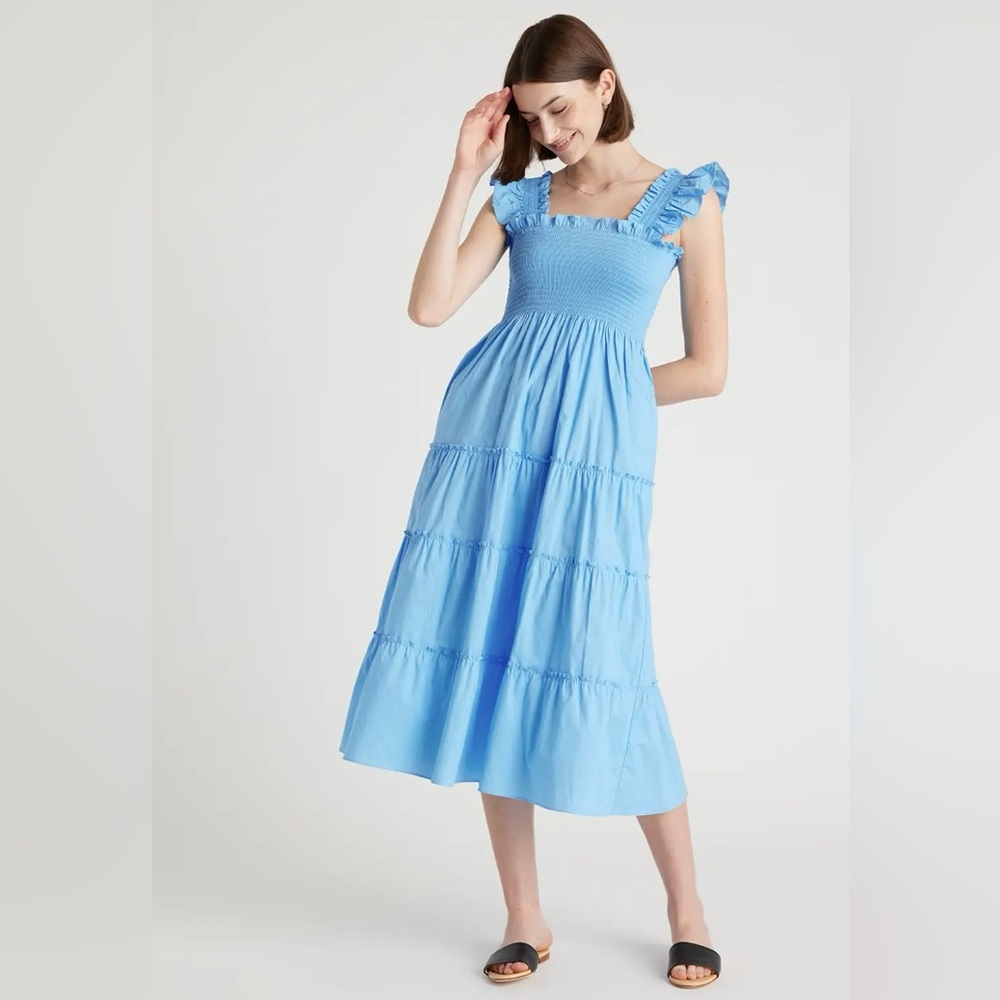 Quince 100% organic cotton smocked midi dress cornflower blue